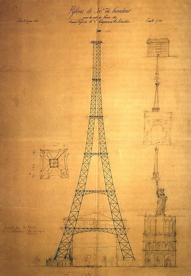 Původní plán věže asi z roku 1884. Stavba probíhala v letech 1887 až 1889, ale plánovat se začínalo už na konci 70. let 19. století. | Foto: Maurice Koechlin, Émile Nouguier / Wikipedia / Public domain