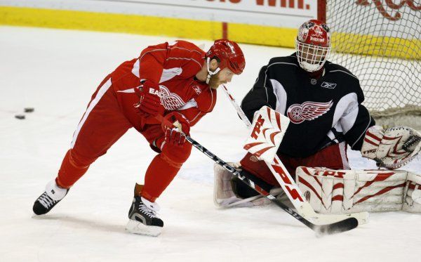 Johan Franzen zkouší svůj střelecký um na Dominiku Haškovi. | Foto: Reuters