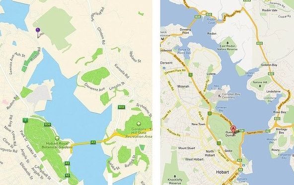 Řeka Derwent v tasmánském Hobartu. Napravo tak, jak ji zobrazují Google Maps, nalevo v podání Apple. | Foto: The Sydney Morning Herald