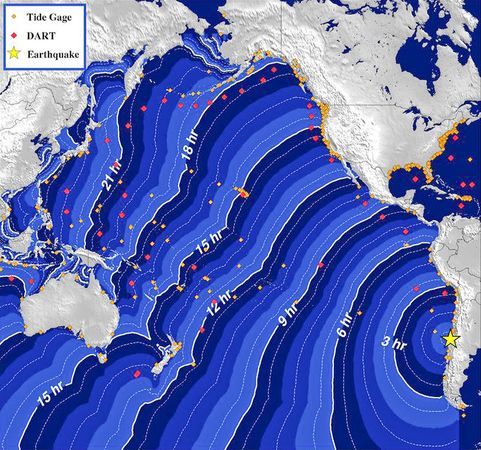 Postup tsunami po zemětřesení v Chile (v hodinách po nejsilnějším otřesu). | Foto: Reuters