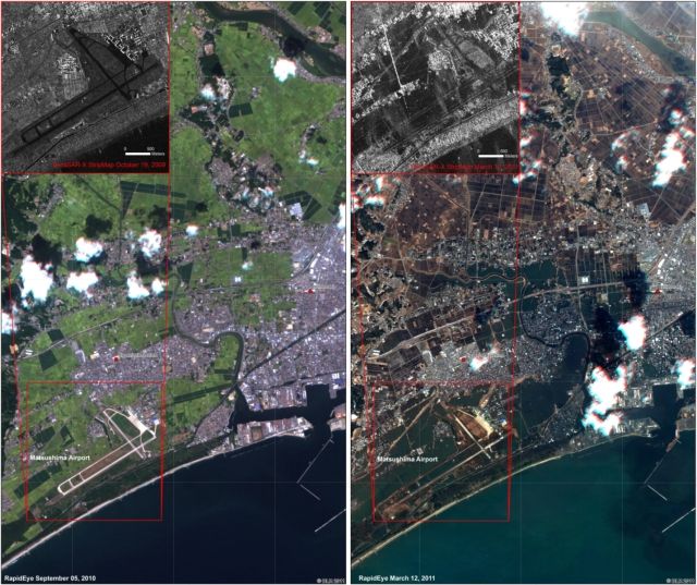 Lokalita Higašimacušima na satelitním snímku Německého střediska pro letectví a kosmonautiku (DLR) z 5. března 2011 a 12. března 2011. | Foto: ČTK