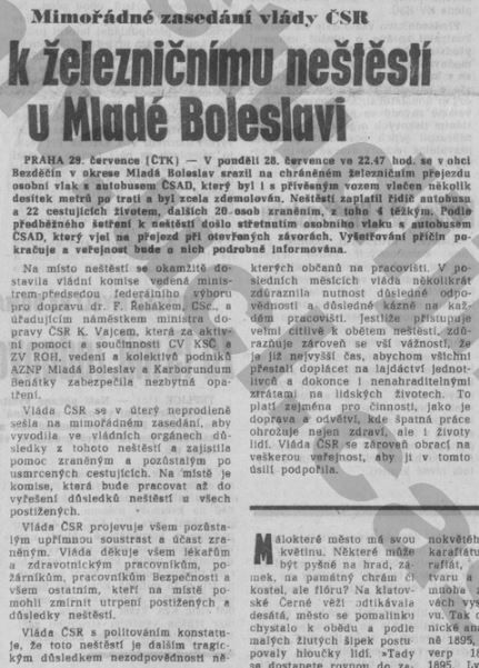 Článek o mimořádném zasedání vlády k vlakovému neštěstí v Rudém právu z 30. července 1969. | Foto: Ústav pro českou literaturu AV ČR, v. v. i.