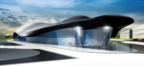 In the design the roof covered by glass plates rests on an aluminum construction. The lower part of the building is lit, which creates an illusion of the whole building floating above the ground. | Foto: http://www.future-systems.com/