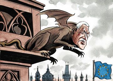 Václav Klaus coby chrlič ze svatovítské katedrály. Karikatura z prosincového čísla týdeníku Economist | Foto: Peter Schrank/ECONOMIST