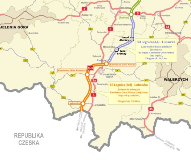 Mapa ukazuje, kudy povede polská rychlostní silnice S3. U města Lubawka se má napojit na dálnici D11. | Foto: s3-kamiennagora-granicapanstwa.pl