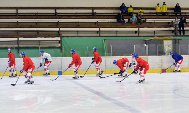 Osmnáctka povolaných hráčů se sešla na zimním stadionu ve Velkých Popovicích, kde místní Slavoj hraje krajskou soutěž. | Foto: ČTK