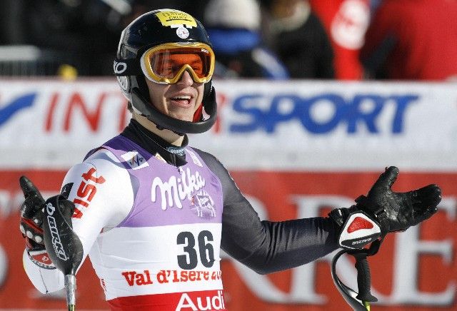 Kryštof Krýzl se raduje v cíli prvního kola slalomu na MS ve Val d'Isere, ve kterém skončil po skvělém výkonu devátý. | Foto: Reuters