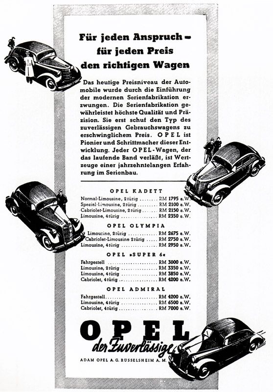 Cení k automoliů Opel z roku 1938. Opel Kadett za 2000 a Admiral za 6000 Říšských Marek. | Foto: repro