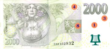 1. Lokální stupňovitý vodoznak - portrét Emy Destinnové, číslice 2000, ornament 3. Ochranná vlákna 4. Soutisková značka v podobě písmen "ČR", část viditelná na líci, v průhledu viditelná celá 8. Mikrotext | Foto: ČNB