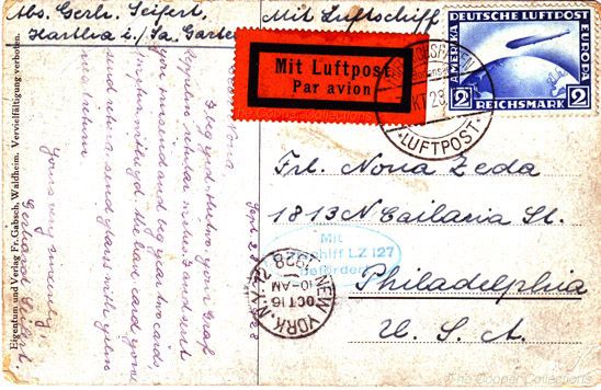 Většina velkých cest Zeppelinu byla financována penězi, které společnost vydělala přepravou poštovních zásilek. | Foto: The Cooper Collection of Zeppelin Postal History /  FSII / Centpacrr / Wikipedia / Public domain