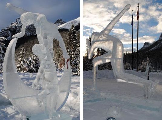 Hned dvě olympijské disciplíny na kombinovaném snímku: Nalevo krasobruslení dvojic, napravo rychlobruslař. | Foto: Banff & Lake Louise Tourism