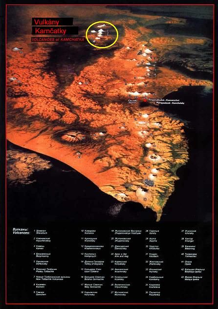 Vulkán Bezymjannyj je na mapě označen jako číslo 4 ve žlutém kroužku. | Foto: Kamchatkatracks
