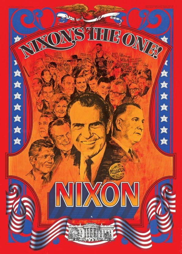 A rok 1968 ještě jednou. Nedíváte se na plakát na pouťovou show, ale z předvolební kampaně republikána a budoucího prezidenta Richarda Nixona. Mandát sice o čtyři roky později obhájil, ale v srpnu 1974 musel potupně rezignovat kvůli aféře Watergate. | Foto: Knihovna Kongresu USA