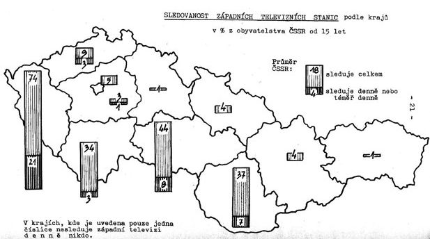 Přehled, jak lidé v roce 1978 sledovali v jednotlivých krajích západní televize (studie ÚVVM). | Foto: Aktuálně.cz