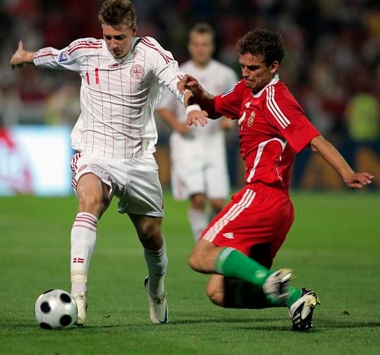 Maďarsko proti Dánsku aneb Roland Juhasz (vpravo) a Nicklas Bendtner | Foto: Reuters