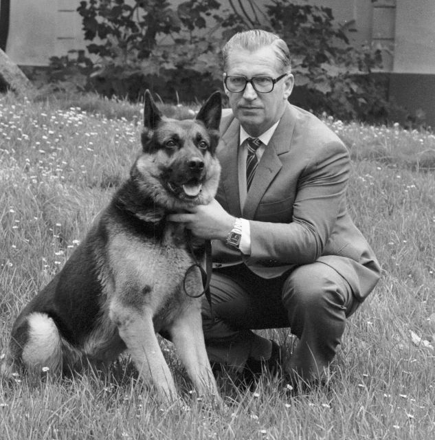 Hlídej, nikoho nepusť ven! Komunistický premiér Lubomír Štrougal na zahradě se svým psem v říjnu 1984. | Foto: ČTK/Jiří Finda