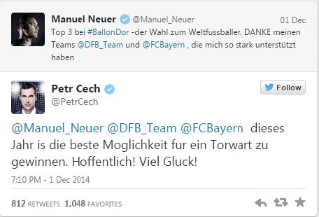 Letos se připojil na Twitter i Petr Čech, který je na něm také velmi aktivní. Takto například podpořil v anketě Zlatý míč svého kolegu z brány Manuela Neuera. | Foto: Twitter.com