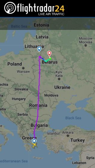 Snímek serveru Flightradar24 ukazuje trasu letadla společnosti Ryanair, které bylo nuceno přistát v Bělorusku. | Foto: ČTK