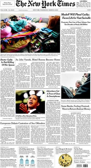 New York Times z 11.března 2009: samá ekonomická krize... a debata o kastraci v Evropě | Foto: NYT