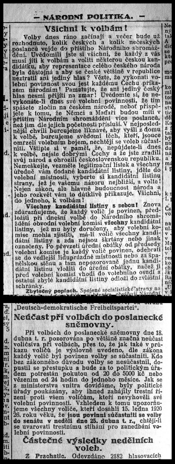 V roce 1920, dva roky po vzniku Československé republiky, bylo volební právo povinné a za jeho nesplnění hrozil občanům trest až jeden měsíc vězení nebo 5000 Kč pokuty. Na to upozorňovaly noviny i v den voleb (nahoře). Přesto se mnoho lidí k volbám nedostavilo, například jen v Praze více než dvacet tisíc. Ministerstvo vnitra žádalo okamžité zahájení trestního řízení s nimi, viz zpráva dole. Národní politika, 18. a 21. dubna 1920 | Foto: repro Aktuálně.cz