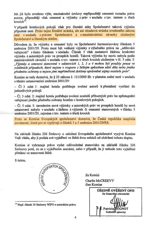 Doklad, že Evropská komise považuje osvobození hoteliérů od placení poplatků za televizory a rádia na pokojích za porušení mezinárodních závazků České republiky. | Foto: Aktuálně.cz