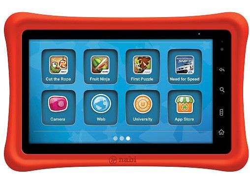 Nabi Tablet - dětský tablet Tablet určený primárně dětem nabízí za cenu 199,99 amerických dolarů hračkářství Toys R Us. Tablet nazvaný Nabi běží na Androidu,  má 7" displej s rozlišením 800 x 480 pixelů a je poháněn dvoujádrovým procesorem Cortex A9 taktovaným na frekvenci 533 Mhz a grafickým čipem Power VR SGX530 umožňujícím hraní 3D her. Interní úložná paměť je velkosti 4 GB. Přístup na internet je zajištěn pomocí Wifi. Baterie o kapacitě 3 000 mAh by měla tabletu zajistit 5 hodin provozu tabletu při plném vytížení. | Foto: TOYSRUS.COM