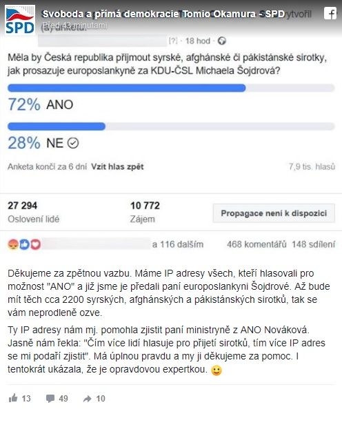 Anketa SPD o přijetí sirotků, kterou strana později z Facebooku smazala. | Foto: Facebook