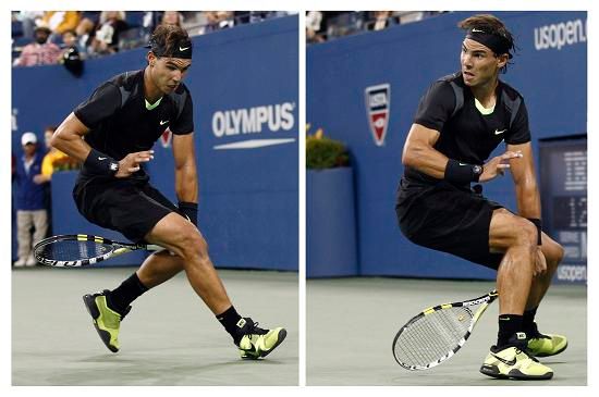 Rafael Nadal a jeho pokus o napodobení unikátního úderu, který předvedl například Federer | Foto: Reuters