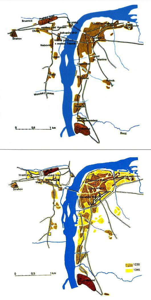 Plán Prahy ve 13. a 14. století, kdy vyvrcholila přes 100 let trvající epocha zakládání Starého Města (s přilehlým Havelským Městem), Malé Strany a Hradčan | Foto: Útvar rozvoje hlavního města