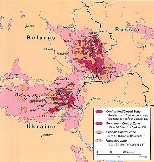 Mapka znázorňuje zamořené oblasti Běloruska, Ukrajiny a Ruska. | Foto: Wikipedia