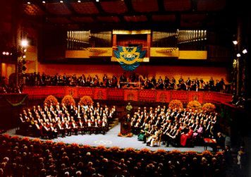 Koncertní sál ve Stockholmu, kde se udělují Nobelovy ceny. | Foto: Nobel Museum