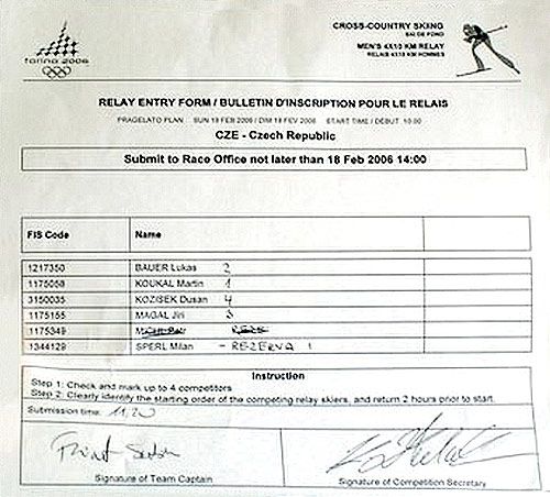 Přihláška české štafety na závod 4 x 10 km. U Dušan Kožiška je číslo 4 označující 4. úsek. Milan Šperl je označen jako náhradník. | Foto: Aktuálně.cz