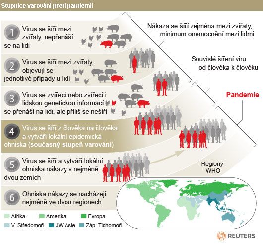 Světová zdravotnická organizace (WHO) v pondělí 27. dubna zvýšila na čtyřku stupeň varování týkající se prasečí chřipky, která se z Mexika šíří do světa. Od večera 29. dubna se však nacházíme v pátém rizikovém stupni. To podle WHO znamená, že je hrozba pandemie „bezprostřední". | Foto: Reuters