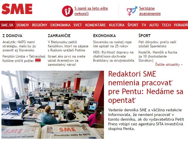 Internetová verze deníku SME ze dne 10. 10. 2014. | Foto: Repro SME, Aktuálně.cz