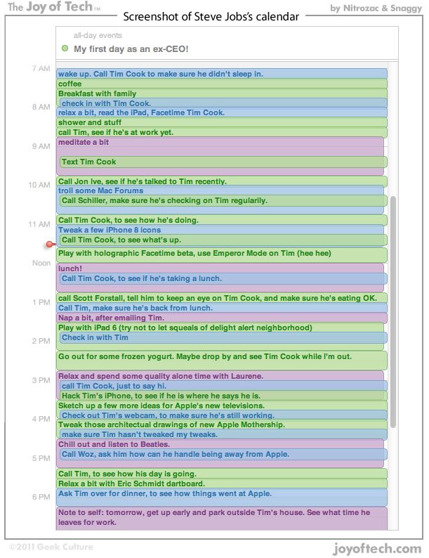 Screenshot z kalendáře Steva Jobse ---- Můj první den v roli bývalého ředitele! ---- 7 hod. Vstaň. Zavolej Timovi Cookovi, aby nezaspal.
Kafe. Snídaně s rodinou. Zkontaktuj Tima Cooka. ---- 8. hod. Uvolni se, přečti si iPad, spoj se s Timem Cookem přes Facetime. Osprchuj se a tak podobně. Zavolej Timovi, jestli už je v práci. 9. hod. Chvíli medituj. Textni Timovi Cookovi. ---- 10 hod. Zavolej Jonovi Ive, zjisti jestli už mluvil s Timem. Trolluj na diskusních fórech Macu.
Zavolej Schillerovi, ujisti se, že pravidelně kontroluje Tima. 11 hod.
Zavolej Timovi, jak je na tom. Tweakni pár ikon z Iphone 8. Zavolej Timovi Cookovi, co právě dělá. Zahraj si s holografickým Facetime beta, použij na Tima Emperor Mode (hahaha) ---- Poledne. oběd! Zavolej Timovi Cookovi, zjisti jestli obědvá. 13 hod. Zavolej Scottovi Forstallovi, řekni mu ať kontroluje Tima Cooka a ujistí se, že dobře jí. Zavolej Timovi, ujisti se, že je zpátky z oběda. Chvíli si schrupni, poté co pošleš e-mail Timovi. Hraj si s iPad 6 (pokus se nevyplašit sousedy svými projevy radosti). Zkontroluj Tima. 14 hod.
Skoč pro trochu mraženého jogurtu. Možná zkontroluj Tima Cooka, když už jsem venku. 15 hod. Uvolni se a věnuj se Laurene. Zavolej Timovi Cookovi. Nabourej se do Timova telefonu, abys mohl kontrolovat kde je.
Načrtni pár nových nápadů pro nové televize Apple. Připoj se na Timovu webcameru, ujisti se, že pořád pracuje. 16 hod. Tweakni architektonické nárysy nové mateřské lodi Apple. Ujisti se, že Tim netweaknul příliš mnoho tweaků. 17 hod. Uklidni se a poslechni si Beatles. Zavolej Wozovi, zeptej se ho, jak zvládá být pryč z Apple.
Zavolej Timovi, zeptej se ho, jak je na tom. Házej šipky na obrázek Erica Schmidta. 18 hod. Pozvi Tima na večeři, abys zjistil, jak mu to v Apple šlo. Poznámka: zítra ráno vstaň brzy a zaparkuj u Timova domu.
Zjisti, kdy odchází do práce. | Foto: Nitrozac and Snaggy