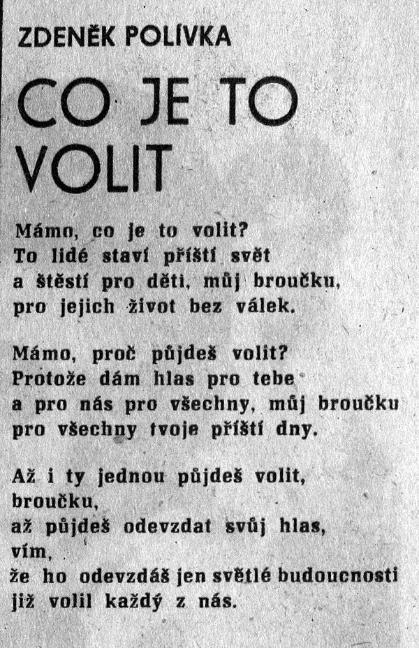 A úplně jinak psaly noviny o volbách v roce 1971, prvních po okupaci vojsky Varšavské smlouvy v roce 1968. První volební den otisklo Rudé právo také tuto "volební" báseň. Rudé právo, sobota 27. listopadu 1971 | Foto: repro Aktuálně.cz