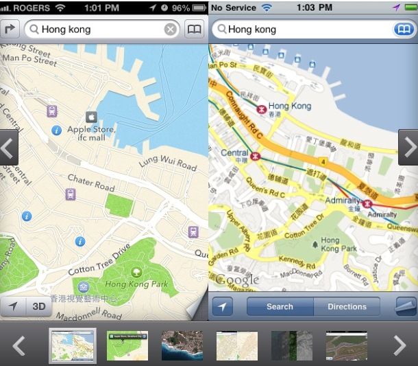 Mapa Hong Kongu vlevo postrádá některé detaily, zato nechybí Apple Store. | Foto: news.cnet.com