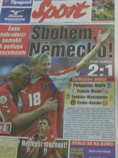 Ohlasy Deníku Sport po vítězství českých fotbalistů nad Německem na Euru 2004. | Foto: Deník Sport