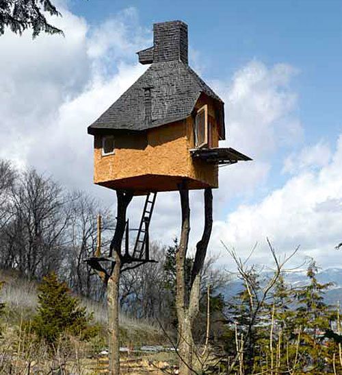 Terunobi Fujimori/ Takasugi-an House  „Velmi vysoký čajový dům" od jednoho z nejdiskutovanějších japonských architektů. Umístěný ve výšce 6 m na vrcholech 2 kaštanů je návratem do krajiny dětských her. Levitující čajový obřad, kontemplace ve vesmíru či reminiscence na pohádkové domy na kuřích nožkách. | Foto: Archív Galerie Jaroslava Fragnera