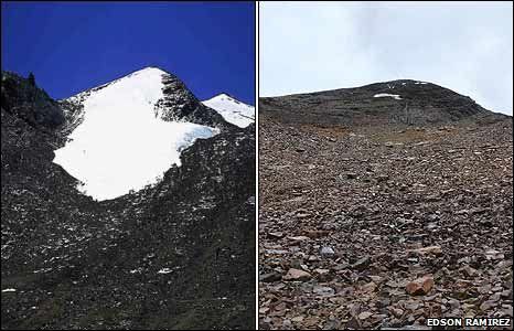 Dvě fotografie pořízené bolivijskými glaciology ukazují, kolik ledovce od roku 1996 roztálo. | Foto: Tým Edsona Ramireze