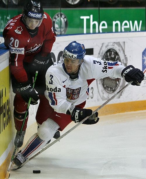 Marek Židlický (vpravo) atakuje u mantinelu Colbyho Armstronga z Kanady. | Foto: Reuters