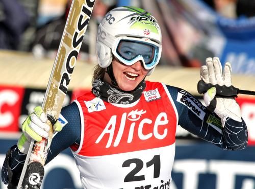 Americká sjezdařka Julia Mancusová se raduje z vítězství ve sjezdu ve Val d'Isere. | Foto: Aktuálně.cz