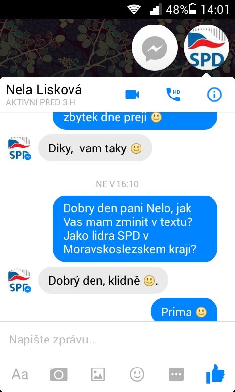 Nela Lisková v komunikaci se zpravodajem Aktuálně.cz souhlasí, aby byla titulována jako "lídr SPD v Moravskoslezském kraji". | Foto: Aktuálně.cz