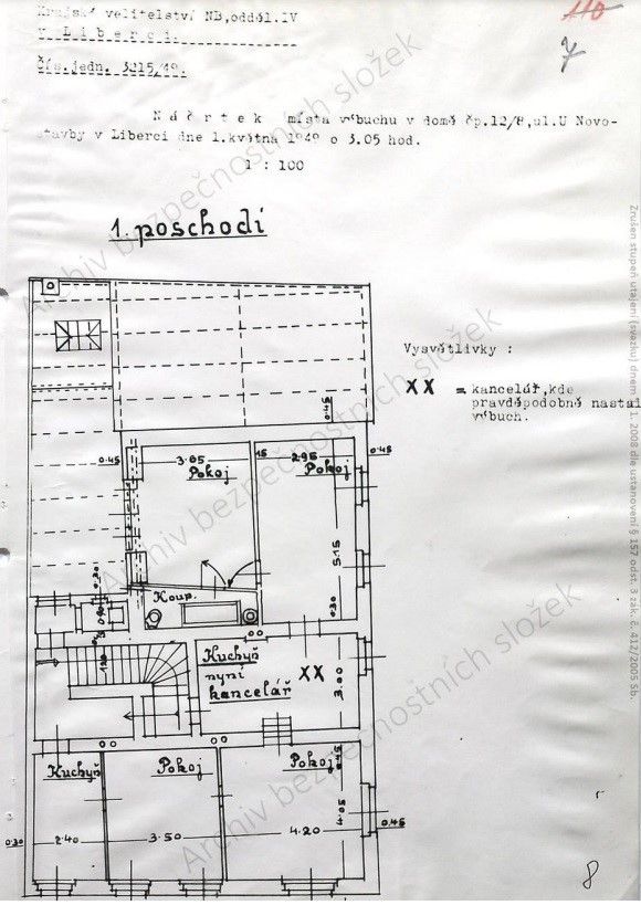 Půdorys 2. podlaží, kde došlo k výbuchu. Konkrétně v místnosti označené XX. | Foto: Archiv bezpečnostních složek