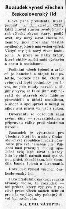 10. června 1950 vyšlo na třetí straně v deníku Rudé právo prohlášení kapitána Emila Zátopka, ve kterém přivítal trest smrti pro Miladu Horákovou, Jana Buchala, Oldřicha Pecla a Záviše Kalandru. | Foto: Jan Gazdík