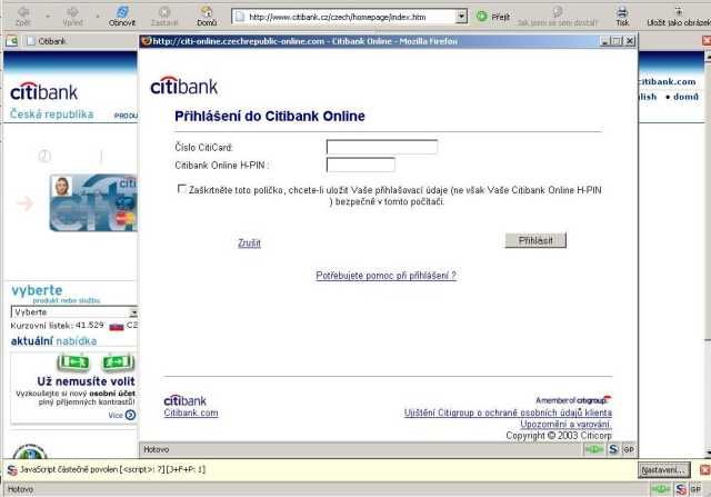 Jak vypadá phishing v praxi: Po kliknutí na odkaz v e-mailu se sice dostanete na pravé stránky CitiBank, ale také vyskočí podvodné okno s kolonkami na důvěrné informace. | Foto: Hoax.cz