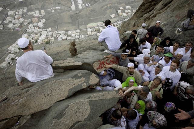 Poutníci na skále nad Mekkou. Za pozornost stojí opice, sedící před nimi. | Foto: Reuters