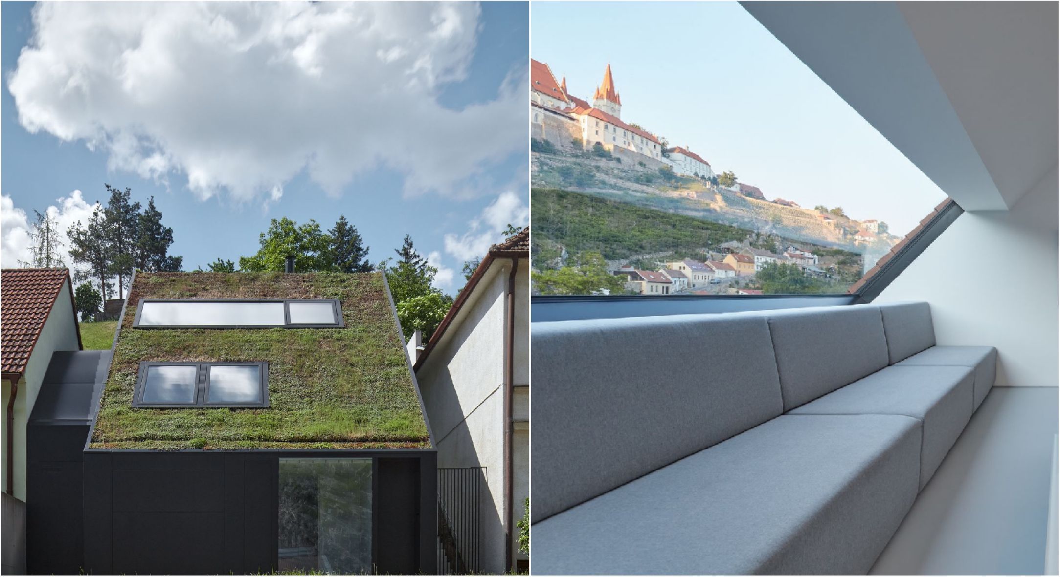 The house with a green roof merges with the slope.  It has an amazing view of Znojmo Castle and the Dyje