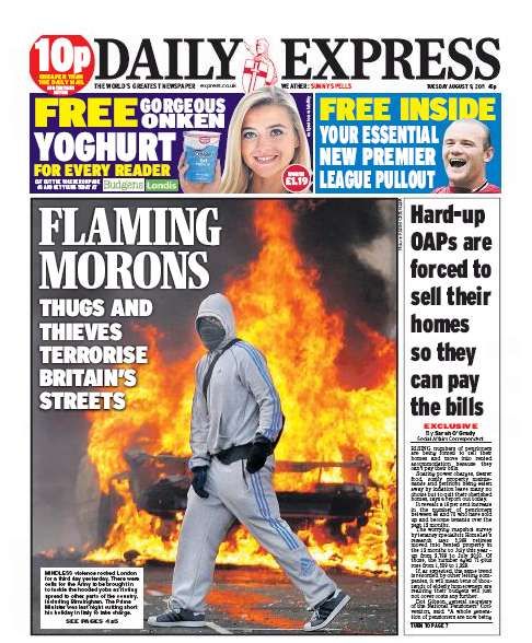 Daily Express: "Hořící pitomci. Násilníci a zloději terorizují britská města". | Foto: http://www.frontpagestoday.co.uk