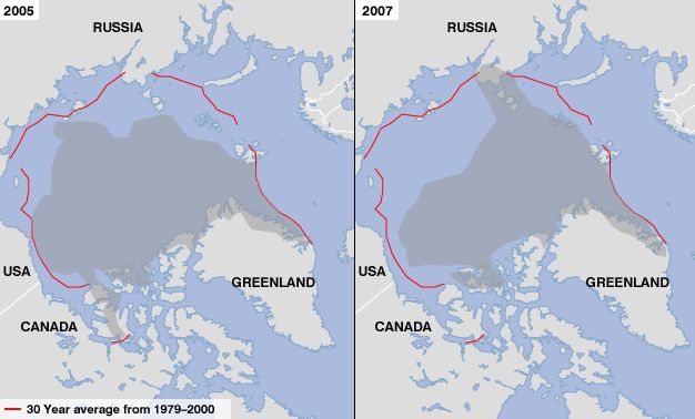 Mapka znázorňuje současný stav ledu (šedé pole), červenou linkou je pak vymezen 30-ti letý průměr. | Foto: BBC